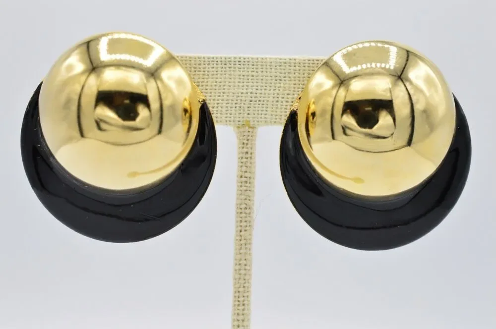 Vintage Post Round Earrings Black Enamel Shiny Gold Chunky Metal NOS 1980s BinAA